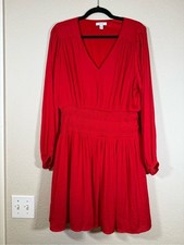 Nine West Bright Red V Neck Smocked Waist Mini Dress Womens XL