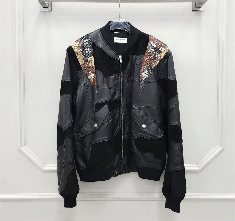 Saint Laurent giacca di pelle nera patchwork 101599686