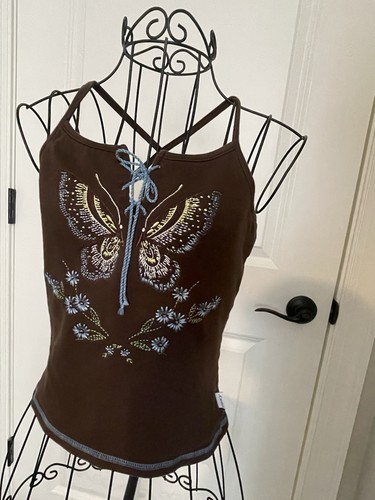 Vintage Roxy Womens Shirt Brown Tank Top Butterfly Floral Embroidery Y2k Surfer - Picture 12 of 14