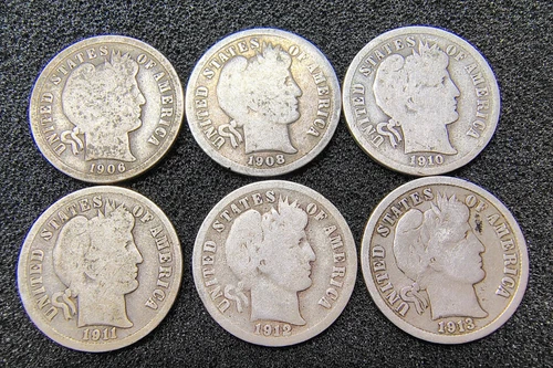 Lot of 6 - 1906-1913 Barber Dimes 10C - 90% Silver - Philadelphia Denver - AG-G