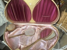 Vintage 1940s Gold Tone Vanity Set Floral Hand Mirror Brush In Original Case