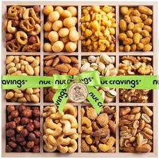 Holiday Christmas Mixed Nuts Gift Basket in Reusable Wooden Tray + Green Ribbon
