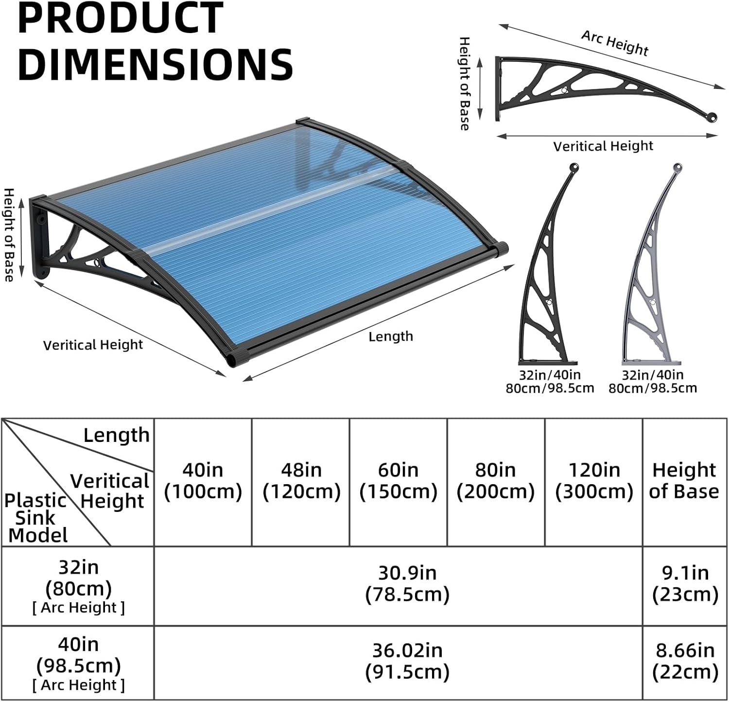 32"x120" Door Window Awning Polycarbonate Rain Resistant Outdoor Shade Shelter