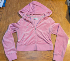 Juicy Couture Pink Velour Zip Hoodie Rhinestone Logo Drawstring Hood Size M