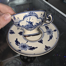 Delfts Blauw Handmade Ceramic Cup Saucer Set Signed Delft Windmill Blue