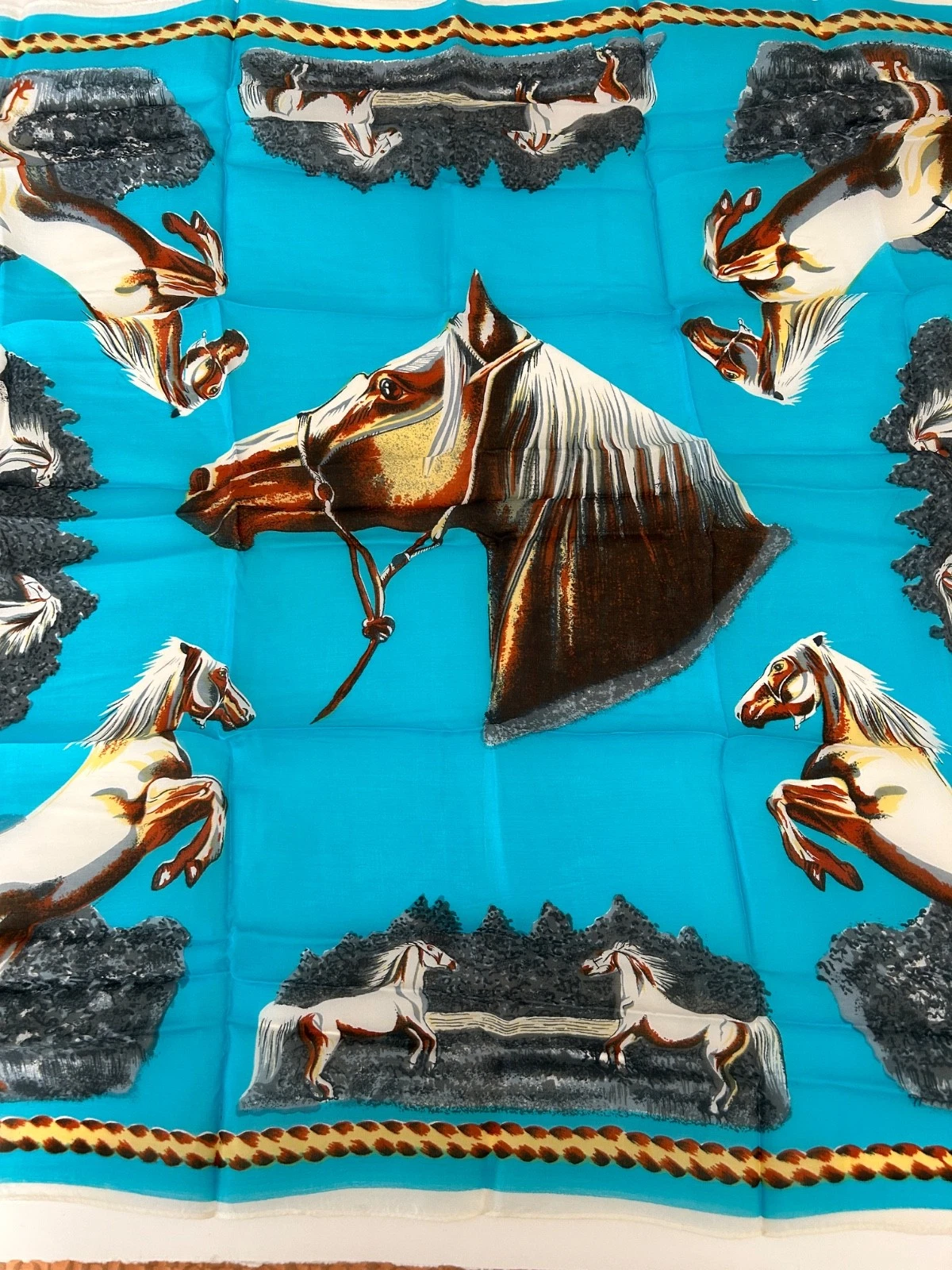 100% Silk Scarf in Blue/Green Stallion/Horses Design 26"x24" Large Vintage