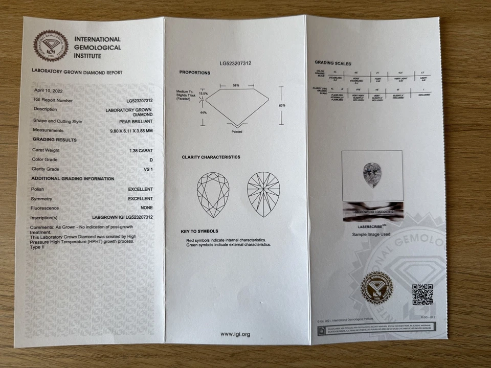 engagement ring size j 1.35ct pear diamond 18ct yellow gold D VS1 lab created - Image 4 of 4