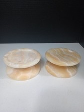 Vintage 2 pc set of Light/Beige Banded Onyx Pillar Candle Holder/Bases