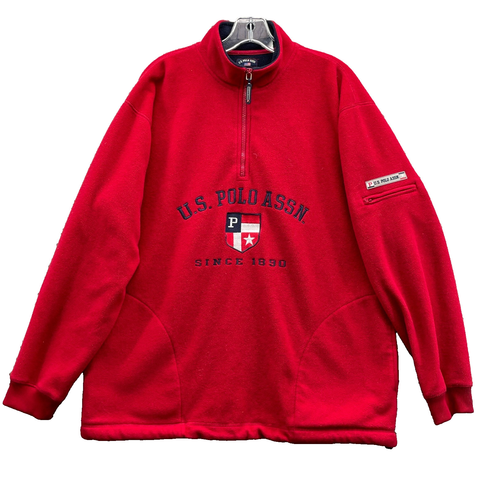 Vintage US Polo Assn Fleece Pullover Mens Medium Red Y2K Quarter Zip Jacket 90s