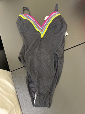 $190 Trina Turk Women's Black V-Neck Zebra Stripe Trim One-Piece Swimsuit Size 2