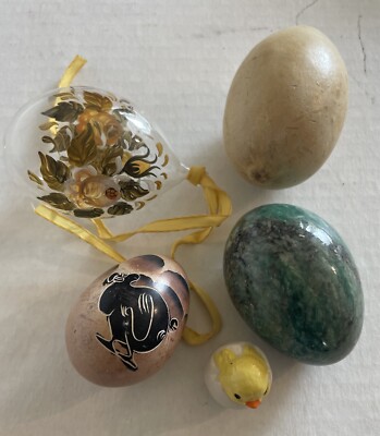 Mixed Lot of 5  Easter Egg Decorations Stone Gourd Glass Ceramic