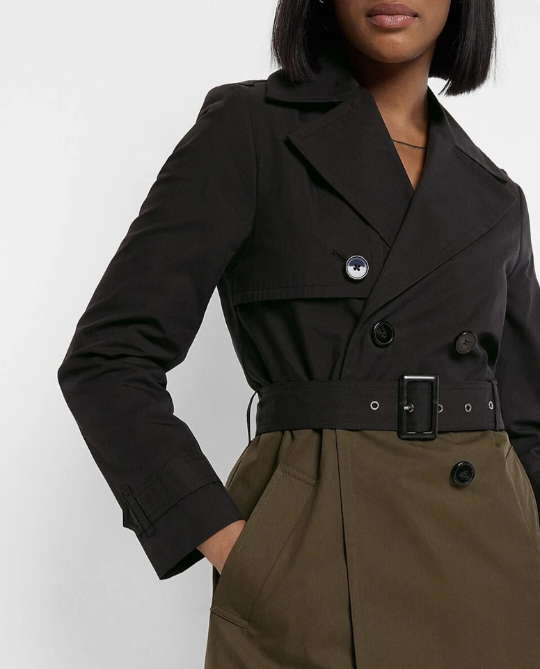 Nueva gabardina Express para mujer M negra verde oliva de nailon con cinturón midi Foto 3 de 4