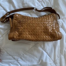 Cognac Woven Camel Colour Tie Shoulder Bag Brown Genuine Leather Nwot Mini Purse