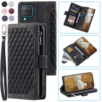 Samsung M12/F12 Luxury Rhombic Wallet Case,Leather Zipper Flip Card Phone Case