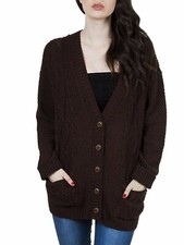 Ladies Women Chunky Winter Long Sleeve Aran Cable Knitted Granddad Cardigan