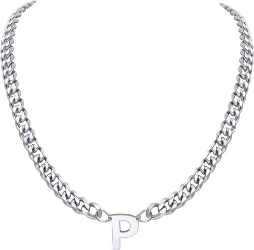 Initial Necklace Stainless Steel A-Z Letter Pendant 8mm Cuban Link Chain Womens