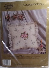 VTG Something Special Candlewicking Roses on Lace Pillow Kit 14 14 Plus Lace NOS