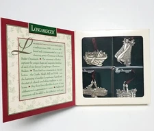 LONGABERGER Basket Pewter 4 Tie Ons Ornaments Christmas Collection 1994 NIB