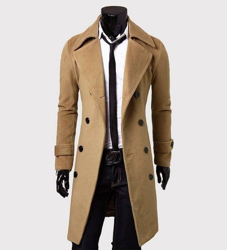 Men casual double breasted trench coat wool jacket slim Cashmere overcoat tops - Picture 6 of 8