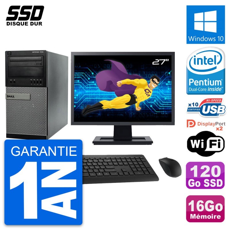 PC Tour Dell 7010 Ecran 27" Intel G2020 RAM 16Go SSD 120Go Windows 10 Wifi