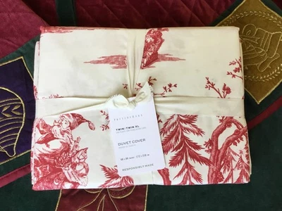 POTTERY BARN Santa Toile TWIN/TWIN XL Duvet Cover 100%Cotton White/Red RARE NEW - image 1 of 4