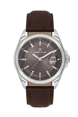Mens 42mm Quartz Watch Leather Strap Silver / Brown Dial Date calendar,