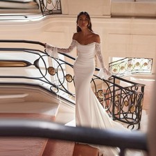 Off Shoulder Lace Long Sleeve Mermaid Wedding Dress Satin Bridal Gown Custom