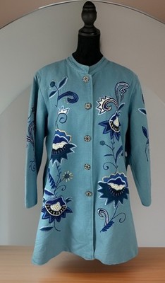 Indigo Moon Blue Mid-length Jacket Tapestry Floral Lace Embroidery Size 1X