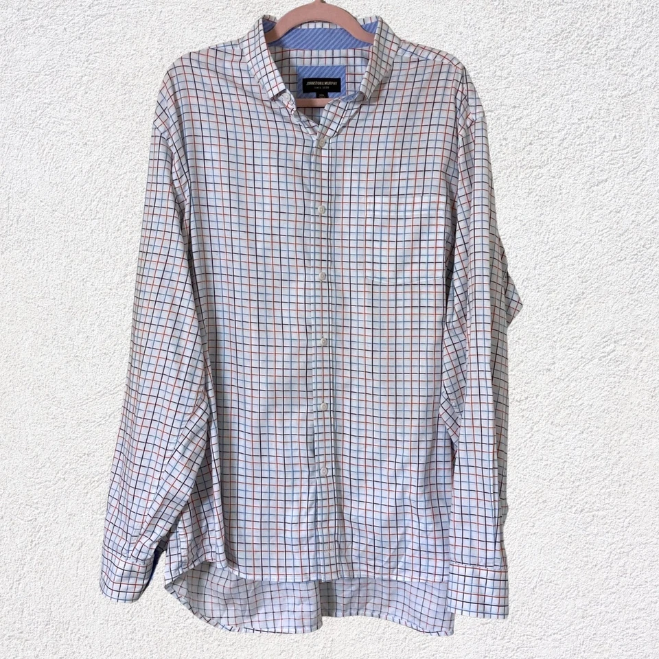 Camisa Johnston & Murphy XXL Algodón Cuadros Azul Naranja Rejilla Informal Estilo Clásico Foto 2 de 4