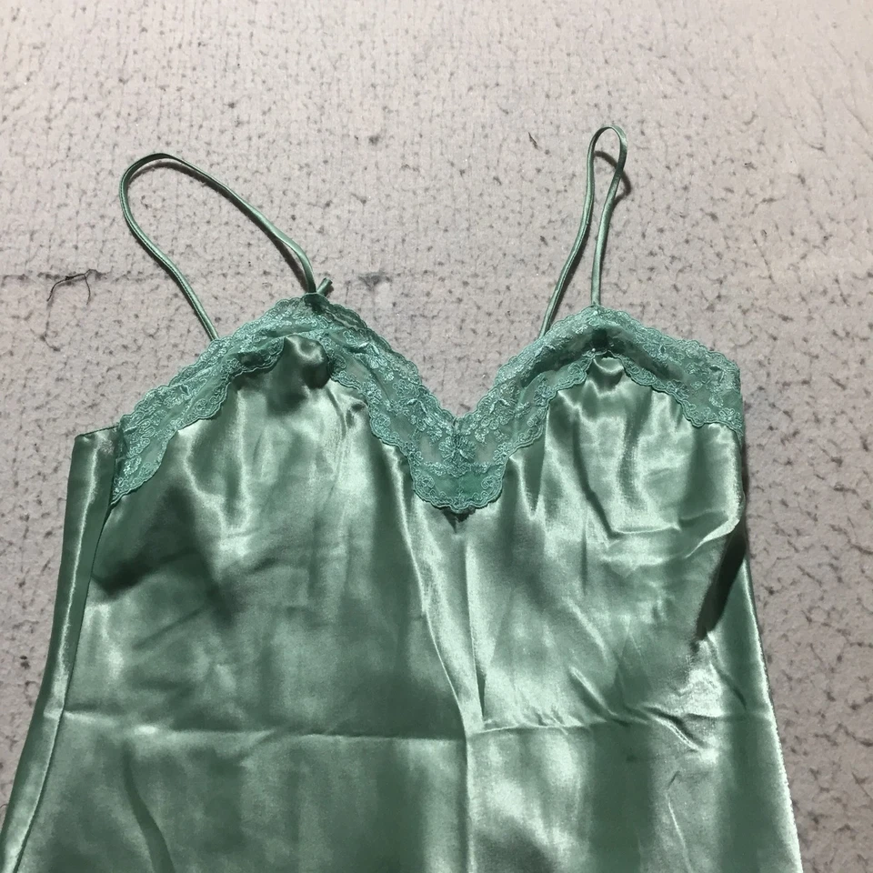 Amelia's Satin Nightgown Cami Womens L Large Shiny Green Lace Accented V Neck - Image 2 of 4