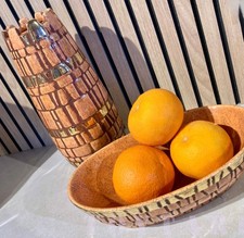 MCM Textured Castle VASE & BOWL Set Lot Orange Gold Pottery Retro VTG 50s 60s