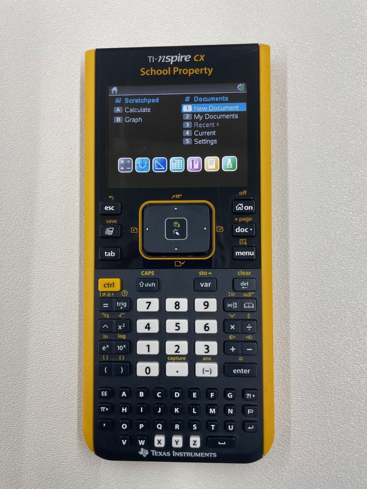 TI Nspire CX Color-Display Graphing Calculator with School Property Markings.