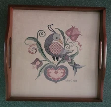 Vtg Cross-Stitch Wooden Tray Glass Top Exotic Bird Flowers Heart Cottage Core