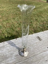 Vintage Bud Vase Silver Metal Base 11" Etched Clear Glass Ruffled Edge