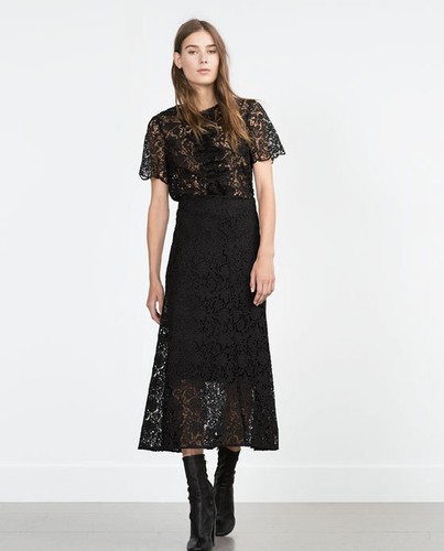 CAMICIA ZARA WOMAN GUIPURE XS 34 S 36 NERA TOP NERO PIZZO CROCHET