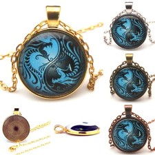 Yin Yang Dragon Duel Black White Silver Pendant Chain Necklace Free Gift Bag