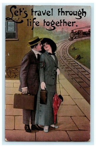 Let's Travel Through Life Together Train Victorian Albion Romantic 1916 Postcard - 第 1/2 張圖片