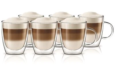 AQUALOGIS Double Wall Insulated Glass Coffee Mug Thermal Tea Cup 300ml with Handle 6pk
