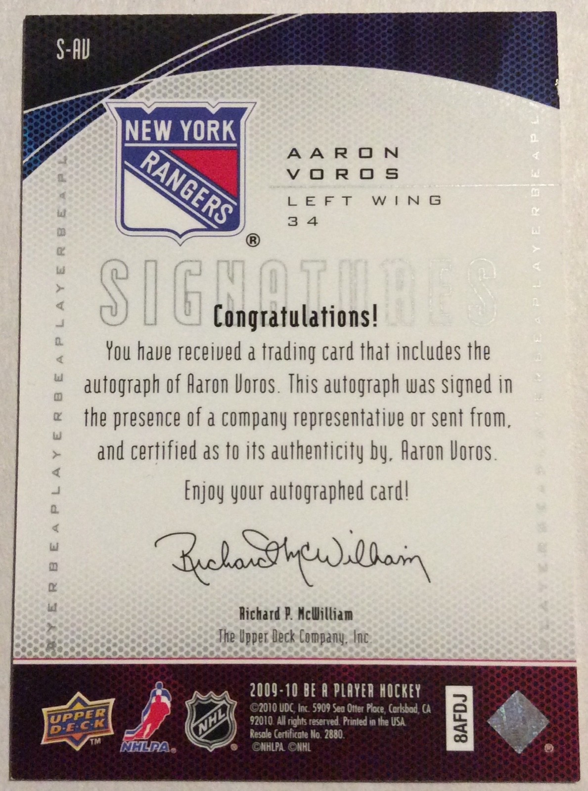 2009-10 Upper Deck Be a Player - Signatures Aaron Voros #S-AV (AU) for ...