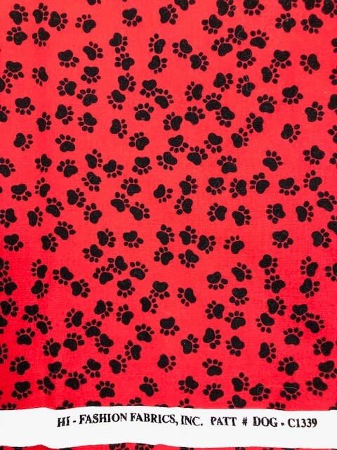 Red and black dog paw print cotton fabric by Hi Fashion - 7/8 yard for quilting or sewing