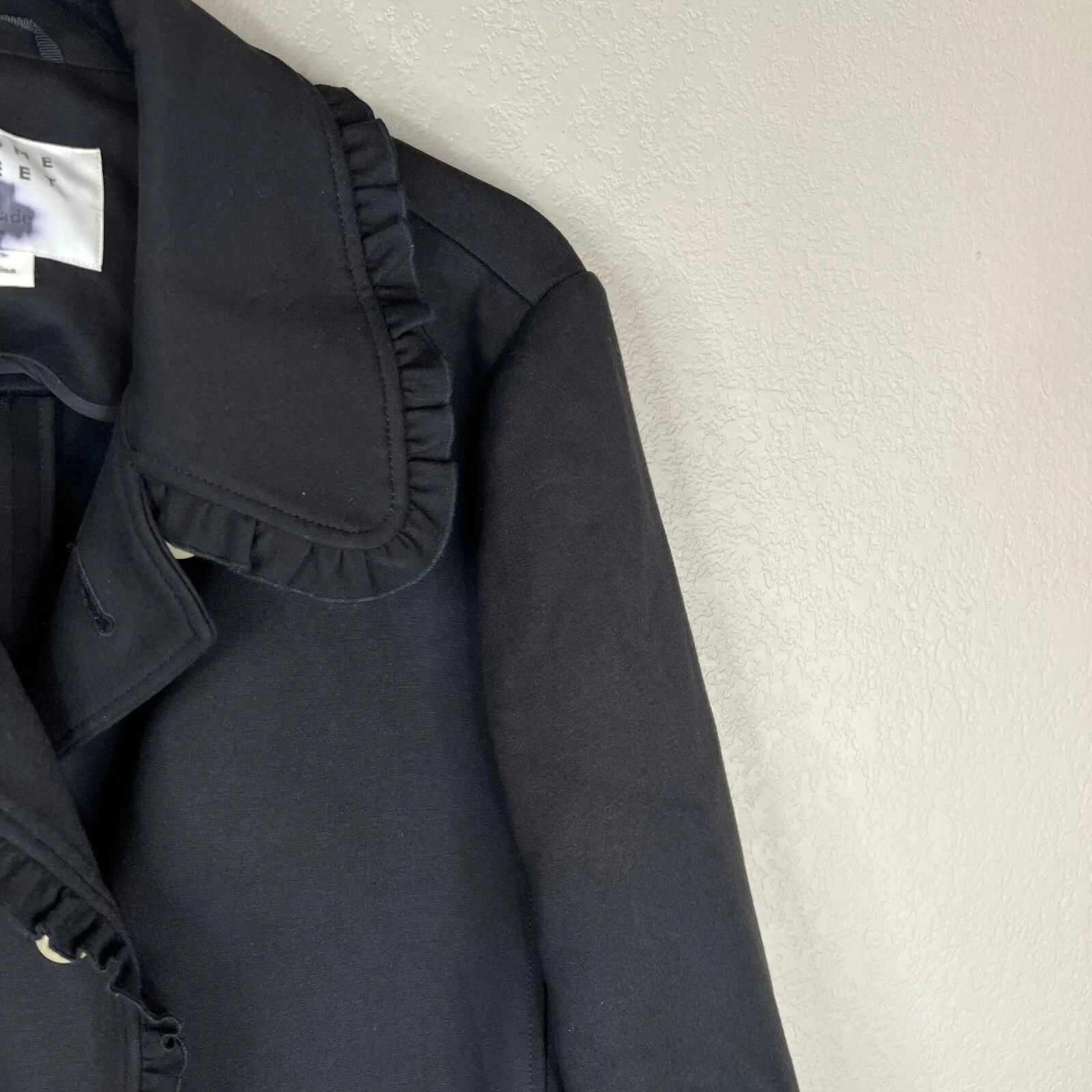 Giacca cappotto donna Kate Spade Broome Street taglia 4 nero volant bottoni perlati ponte