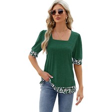 Women's Split Short Puff Sleeve Tops Square Neck T Shirts Loose Tunic Tee Blouse