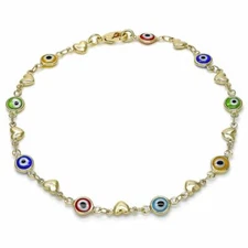 14K GOLD PLATED 10" ANKLET MULTI-COLOR EVIL EYES WITH HEARTS CONNECTED M388