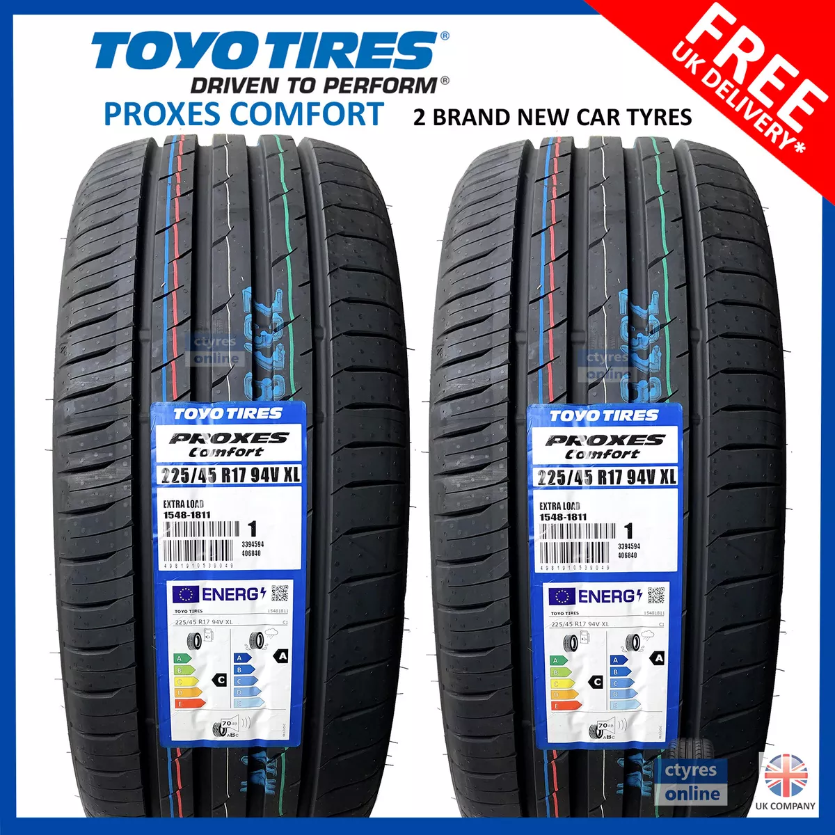 2X New 225 45 17 TOYO PROXES COMFORT 94V 2254517 225/45R17 *C/A RATED* (2  TYRES)