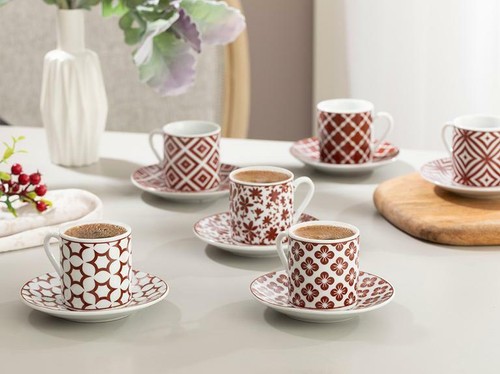 Porcelain Tea Coffee Cup Saucer Set of 6, Turkish Greek Arabic Espresso Cup Set - Picture 2 of 3