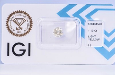 IGI Certified Round Brillant 1,10 ct - I2 - Natural Diamond - Color LightYellow