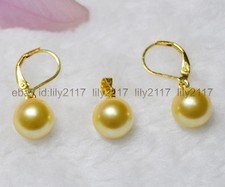 10mm Golden shell pearl round beads pendant dangle earrings set AAA