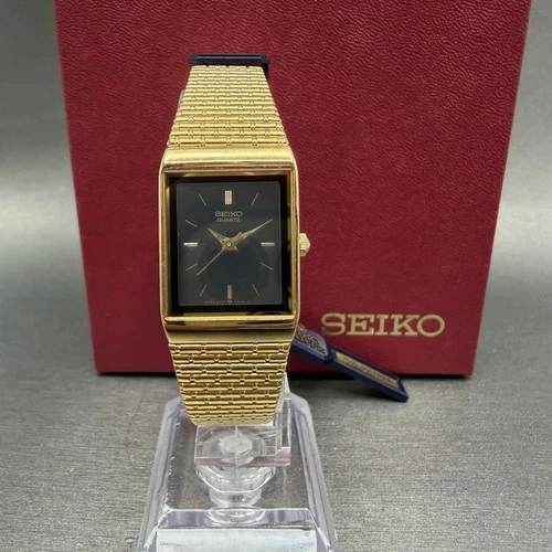 Seiko Tank Watch Women 19mm Black Dial Gold Tone 2Y01-5D1H New Batt NOS W/Box