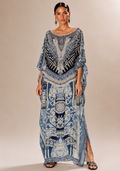 Camilla Tales Of Batik Kaftan One Size Round Neck Maxi Silk Dress Long Blue OS