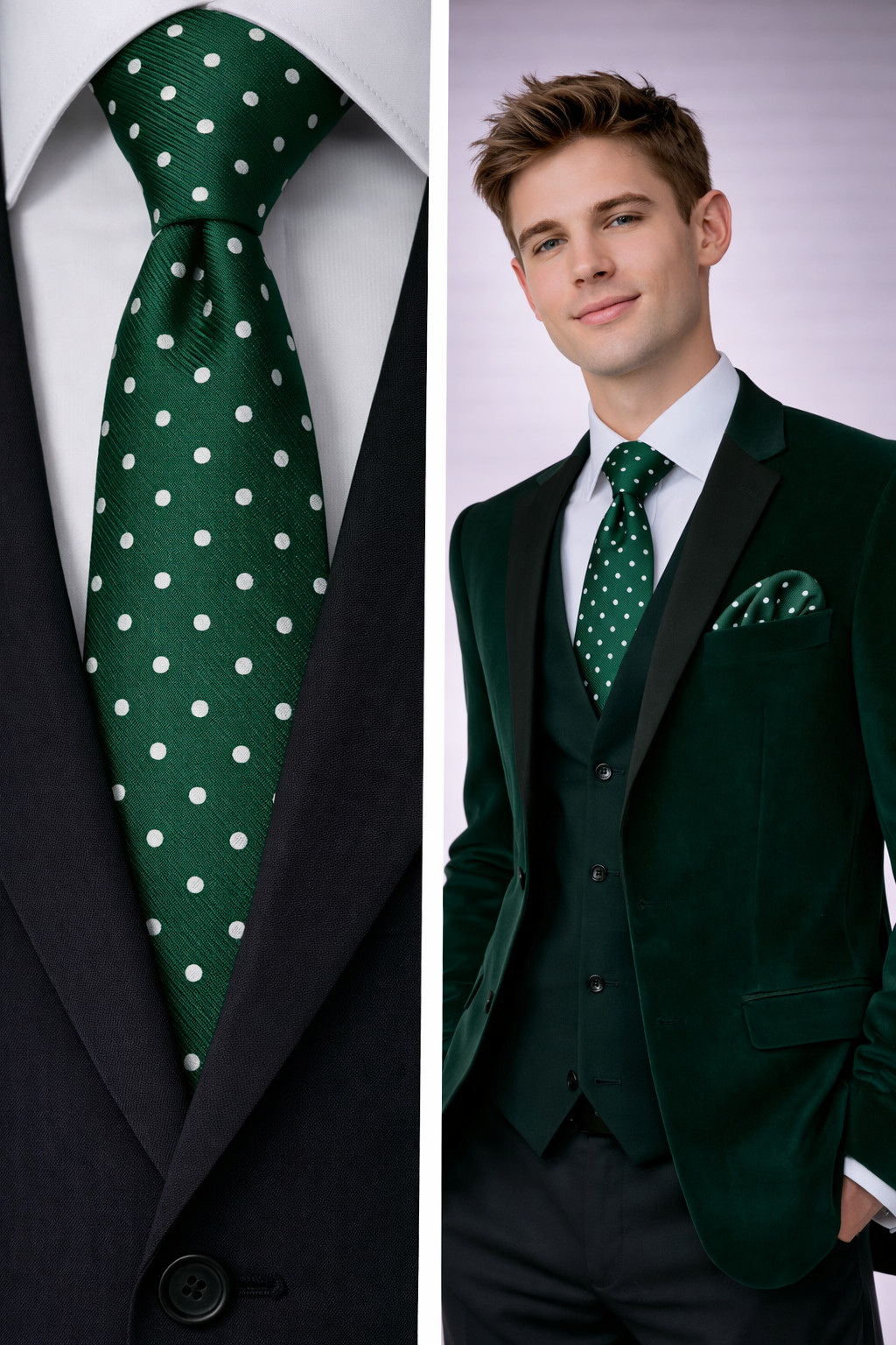 Twill Emerald Men's Tie & Pocket Hanky Green Polka Dot Silver White Set UK